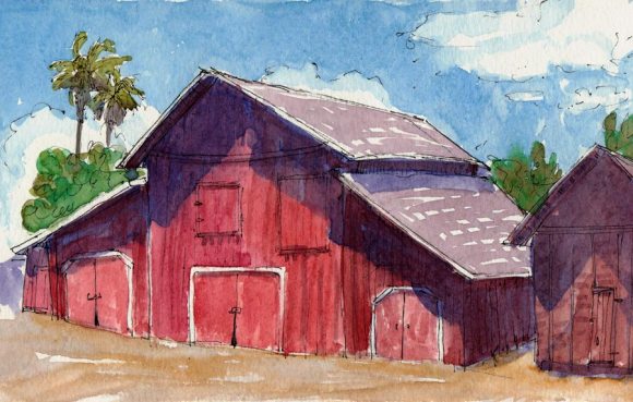 Ruth Bancroft Gardens Old Barn, ink & watercolor, 5x8"