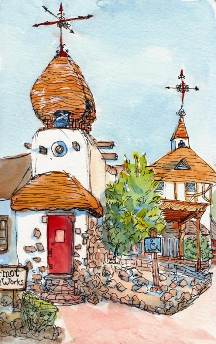 Marmot Mountain Works, Berkeley, Ink & watercolor, 8x5"