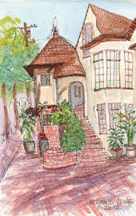 Normandy Village Berkeley, ink & watercolor sketch, 8x5"