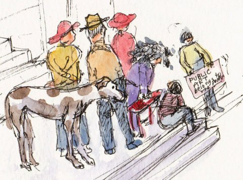 Post Office Protestors, ink & watercolor