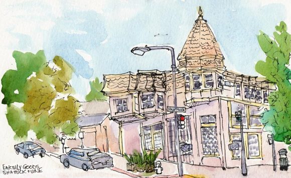Earthly Goods, Shattuck & Vine, Berkeley, ink & watercolor, 8x5"