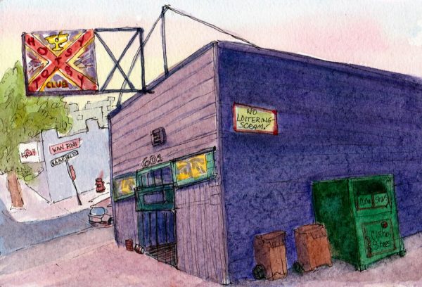 Hotsy Totsy Club at Sunset, ink & watercolor 5x8"