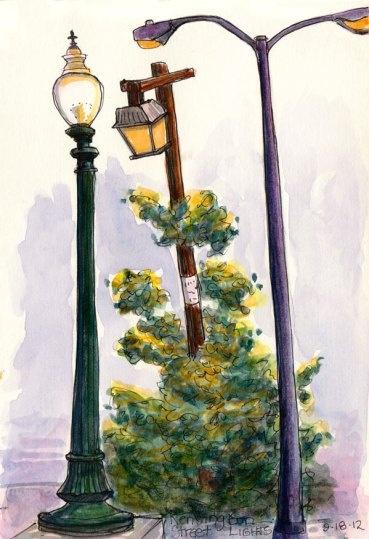Kensington Street Lights, ink & watercolor, 8x6"