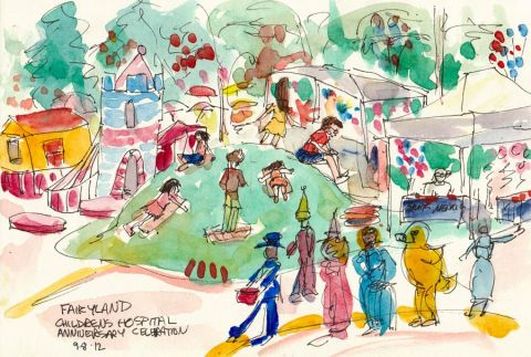 Fairyland Parade and Sliding Hill, ink & watercolor 8x6"