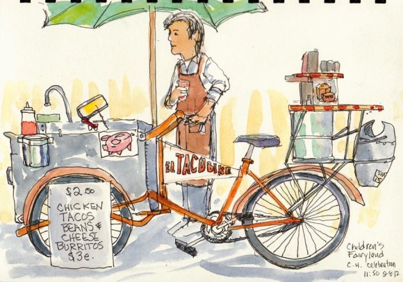 Taco Bike at Fairyland, ink & watercolor, 8x6"