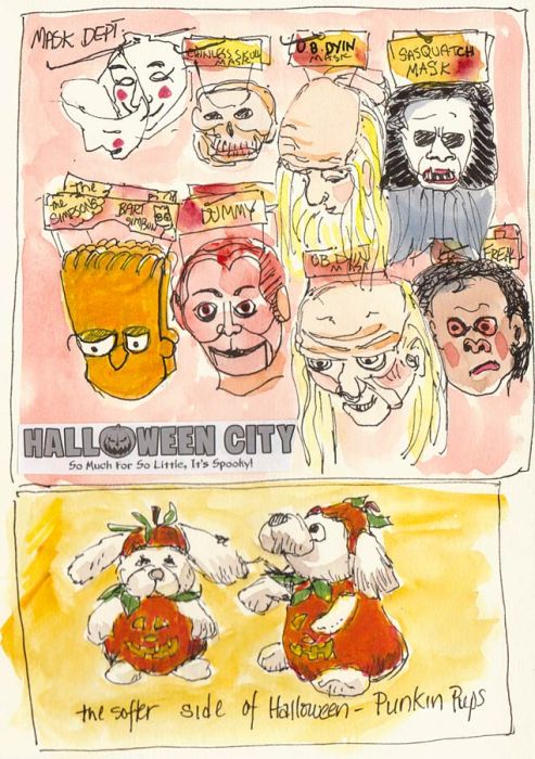 Halloween City Masks and Punkin Pups, ink & watercolor, 8x5"