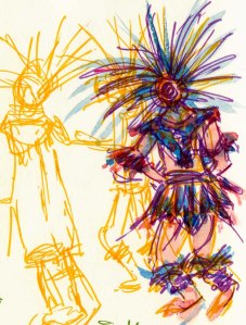 Aztec Dancers, brush pen ink