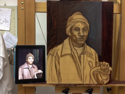 5-Started with a burnt sienna underpainting and added dark background