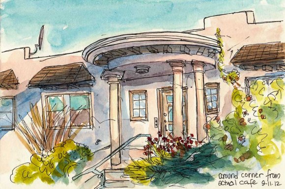 Around the Corner from Actual Cafe, ink & watercolor 6x8"