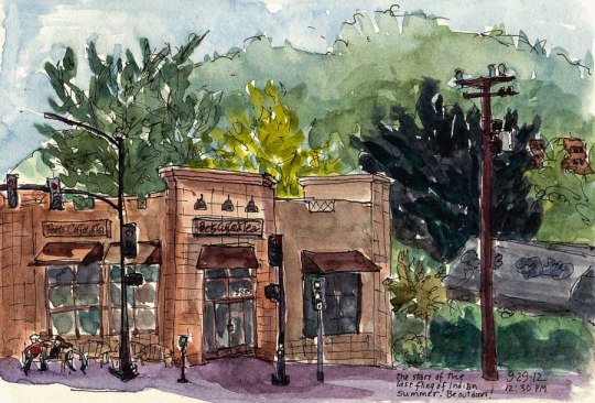 Peet's Coffee and Albany Hill, El Cerrito, ink & watercolor, 5x8"