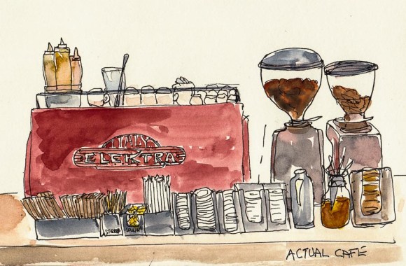 Actual Cafe Espresso machine and counter, ink & watercolor, 6x8"