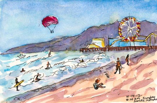 Santa Monica Morning Beach Walk #1, ink & watercolor
