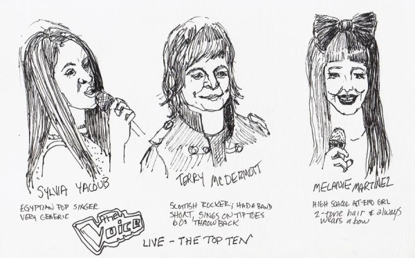 The Voice: Sylvia, Terry & Melanie, drawn in ink from TV on pause, 5x8"