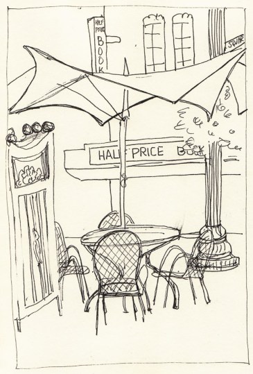 Half Price Books from Inside PiQ Cafe, ink, 8x6"