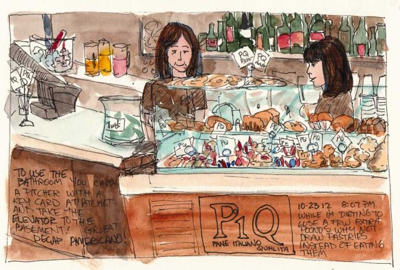 PiQ Cafe Counter, ink & watercolor, 6x8"