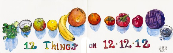 12 Things on 12-12-12 @ 12:12, ink & watercolor, 5x16"