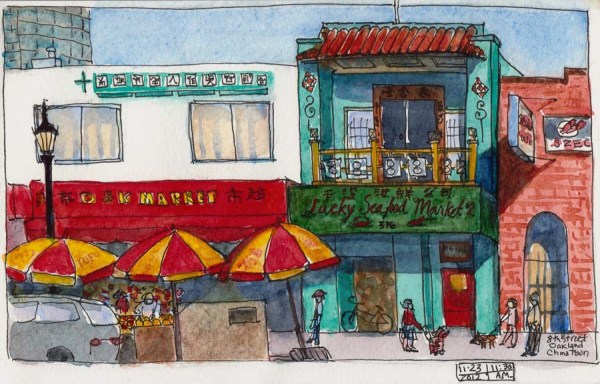Oakland Chinatown, ink & watercolor, 5x8"