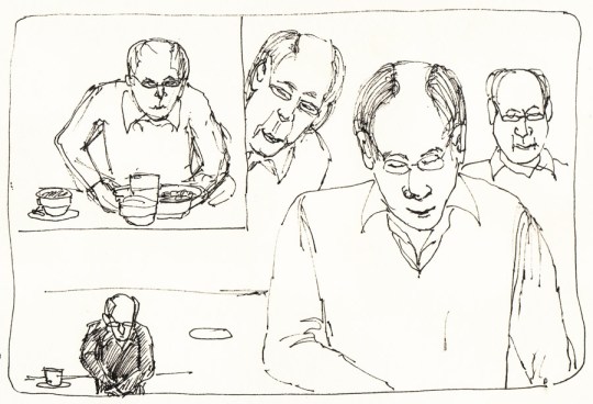 Balding at Brennan's Bar: trying and trying to capture him. Ink, 6x8