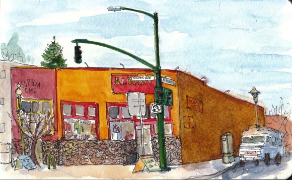 Masonic & Solano, Albany, ink & watercolor, 5x8"