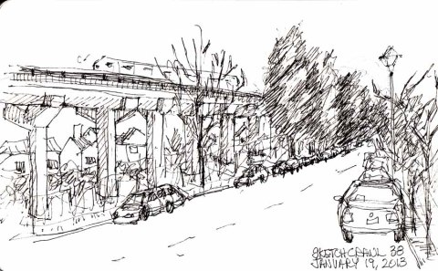 Bart Tracks on Masonic, ink, 5x8"