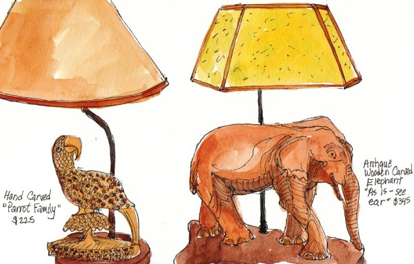 sketch of elephant and parrot lamps in ink & watercolor