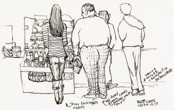 Waiting and Watching at Peets, ink, 5x8"