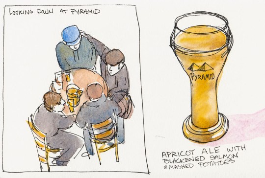 Ale and Ale Drinkers, ink & watercolor sketch, 5x8"