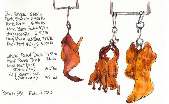 Poultry and Pork on the Hook at 99 Ranch Market, ink & watercolor, 5x8"