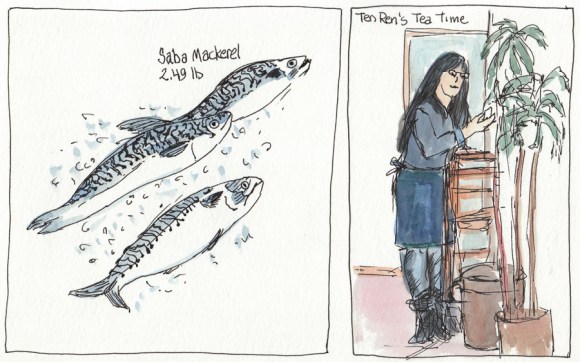 Mackerel and Tea Lady, ink & watercolor, 5x8"