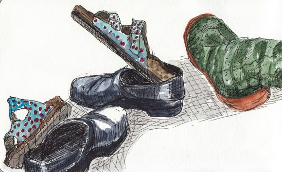 Birkenstocks, Dansko Clogs and Fuzzy Slippers, ink & watercolor, 5x8"