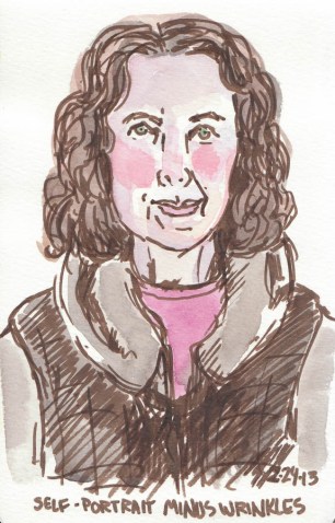 End of Journal Self-Portrait, February 2013, Pitt brown Brush Pen and watercolor, 8x5"