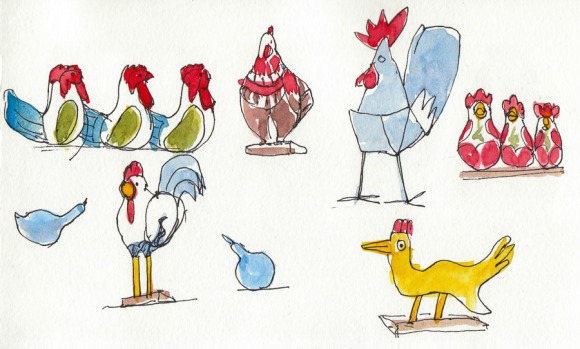 Sketch of Crazy Ceramic Chickens 2 at Poulet, ink & watercolor, 5x8" 