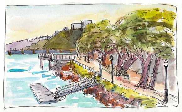 The Park on the Bay by Craneway Pavillion, ink & watercolor, 5x8"