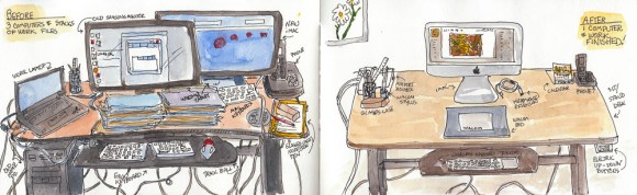Before & After Sketches of my computer desk, ink & watercolor, 5x16"