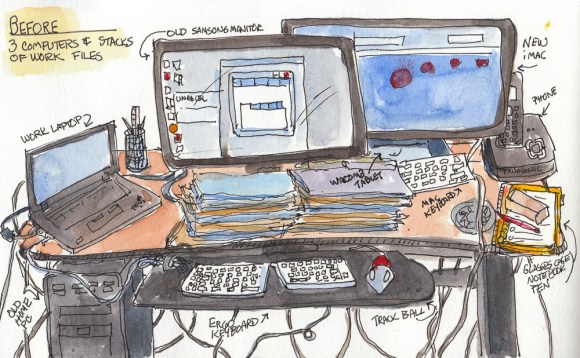 Computer desk: Before, ink & watercolor, 5x8"