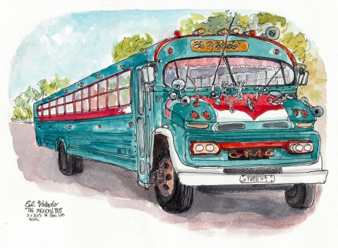 El Volado the Mexican Bus, ink & watercolor, 8x11"