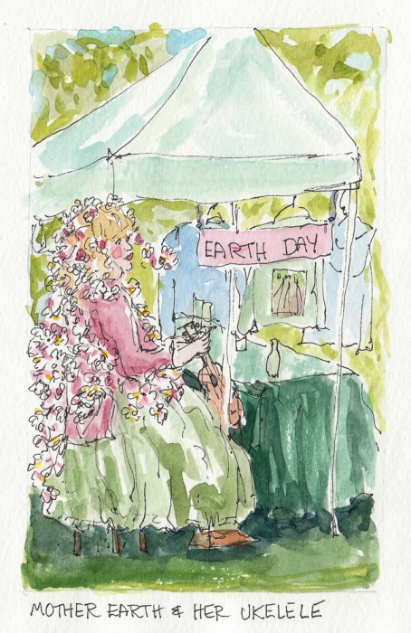 Mother Earth on Earth Day in Healdsburg, ink & watercolor, 6.5x4"