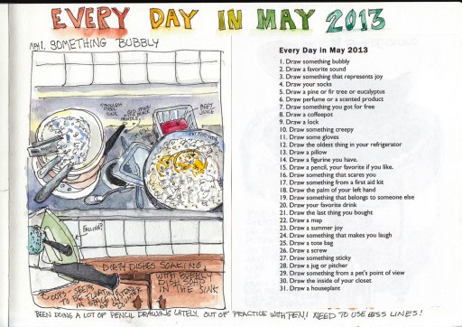 Bubbles: Dirty Dishes, Every Day in May, ink & watercolor in 8x11Moleskine