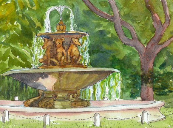 Teddy Bear Fountain, Berkeley, ink & watercolor, 8x11"