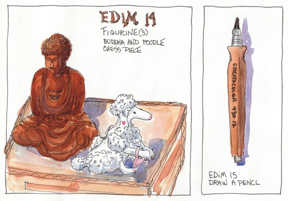 EDiM 14-15: Draw a Figurine, Draw a Pencil. Ink & watercolor, 8x10"