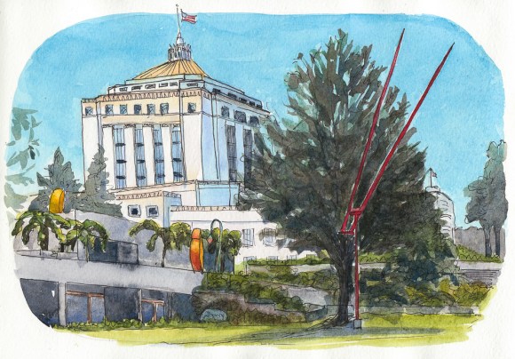 View from Oakland Museum Sculpture Garden, ink & watercolor, 8x10"