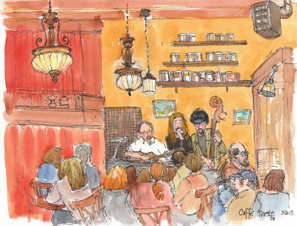 Tuesday Night at Cafe Trieste, ink & watercolor, 8x10"