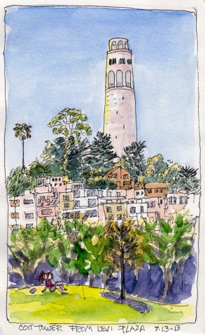 Coit Tower, from Levi Plaza.. SF Sketchcrawl 40, ink & watercolor 7x5"