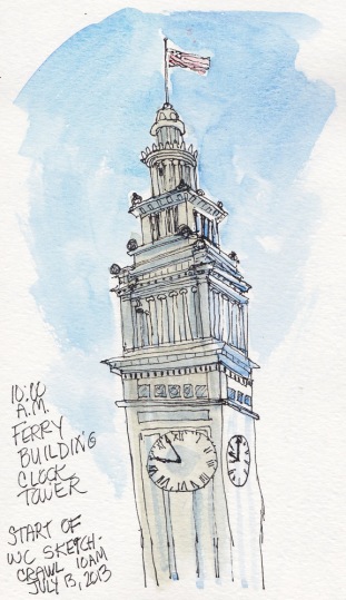 Ferry Building Clock Tower, ink & watercolor, 7x5"