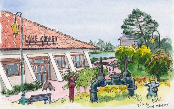 Lake Chalet on Lake Merritt, Oakland. Ink & watercolor, 5x7.5"