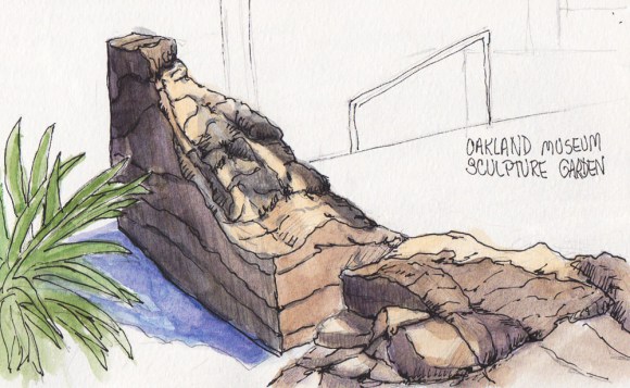 Drawing Rocks Practice on Sculpture at Oakland Museum, ink & watercolor, 5x7x5"