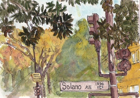 Top of Solano Ave, Berkeley, Ink & watercolor, 5x7.5"