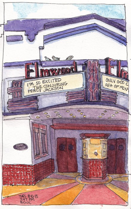 Elmwood Theater, Ink & Watercolor, 8x5"