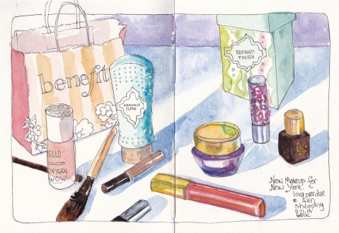 New Makeup for New York, ink and watercolor, 7.5" x 11" spread