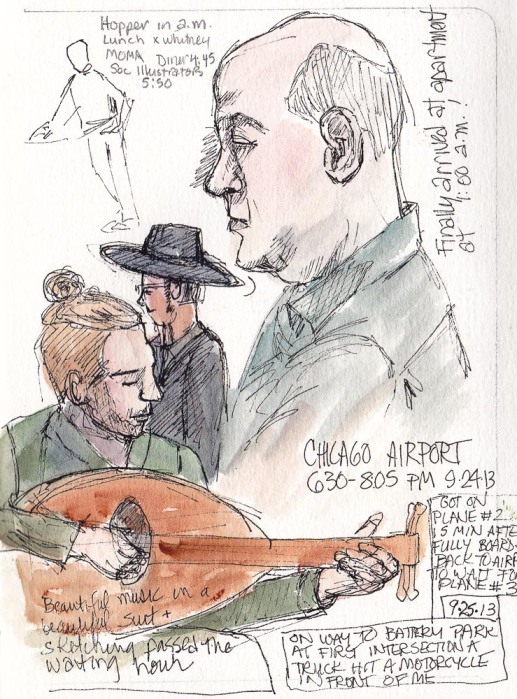 Waiting at Chicago Airport, ink and watercolor 5.5 x 7.5"